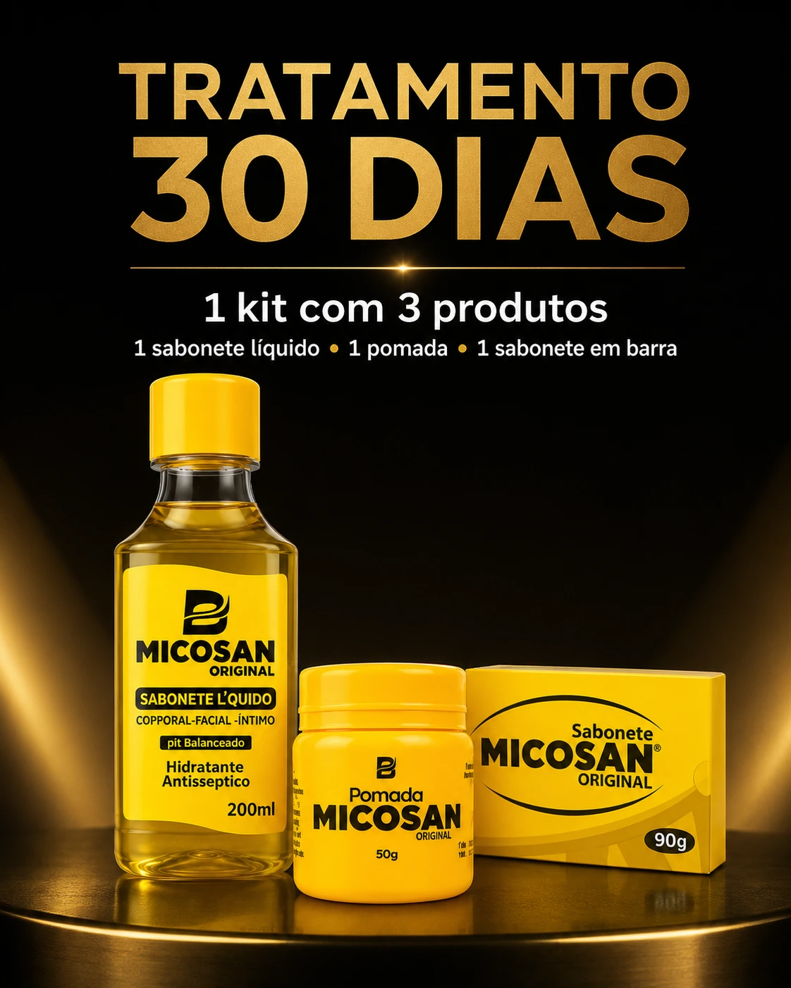 Imagem editorial do tratamento MICOSAN® para 30 dias com 1 kit contendo 1 líquido, 1 pomada e 1 sabonete em barra